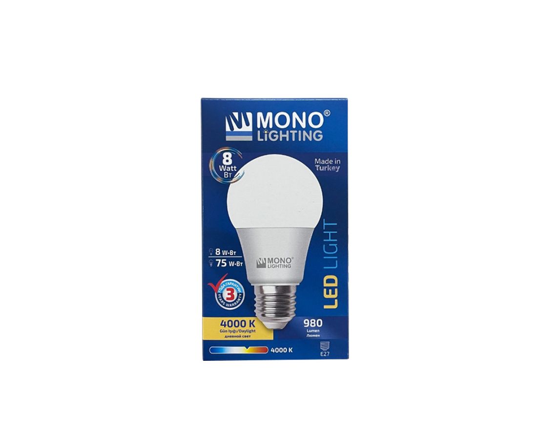 ლედ ნათურა 8W E27 4000K - MONO — ნათურა და ვაზნა